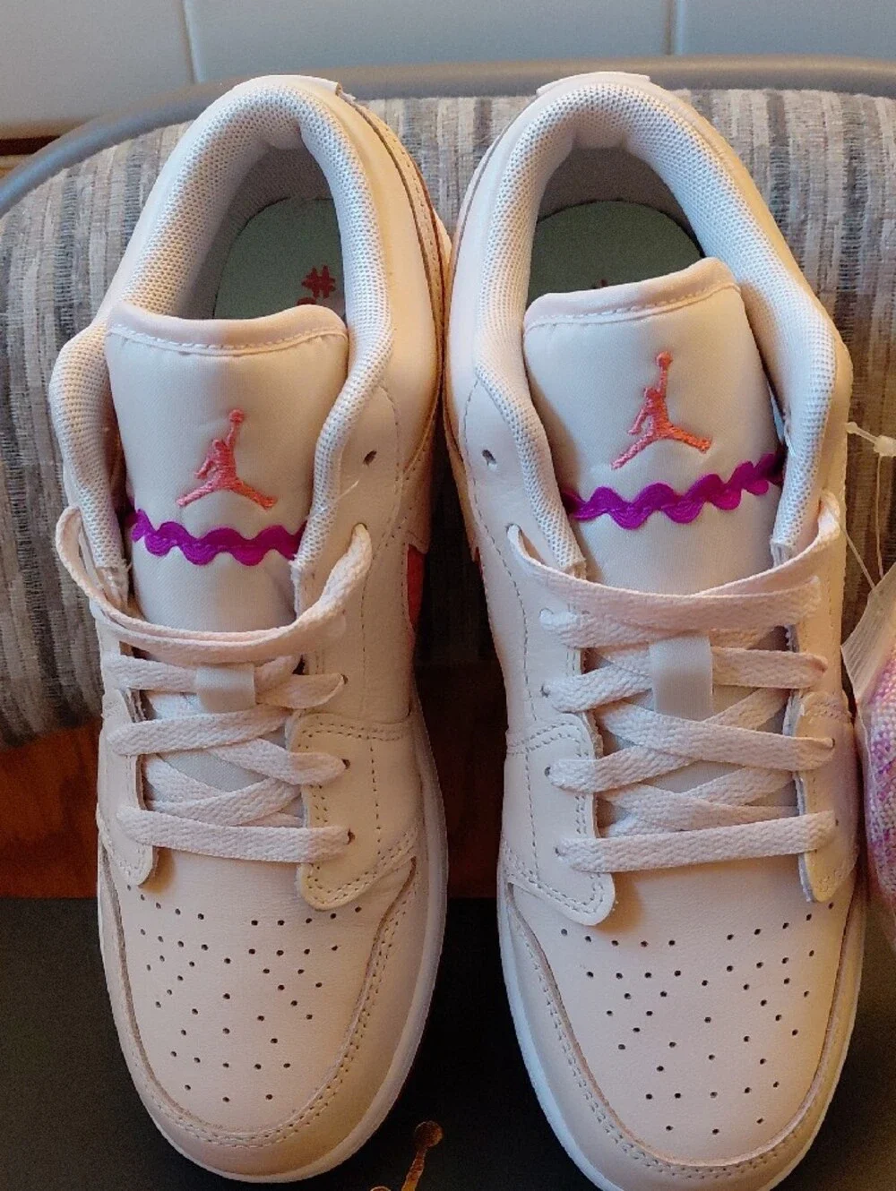 Brand New AJ1's Low Pink Swoosh and Purple Outsole Youth=6.5 Women=8